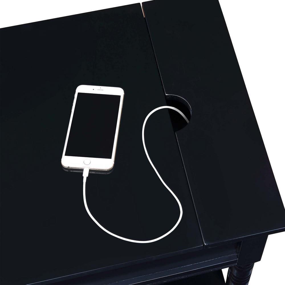 Convenience Concepts Country Oxford 1 Drawer End Table with Charging Station and Shelf, Black