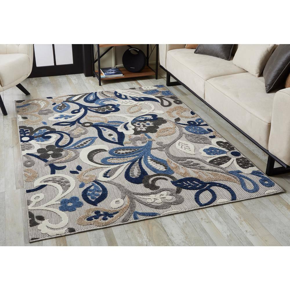 Calla Grey/Blue Leila 8 ft. x 10 ft. Floral Indoor/Outdoor Area Rug