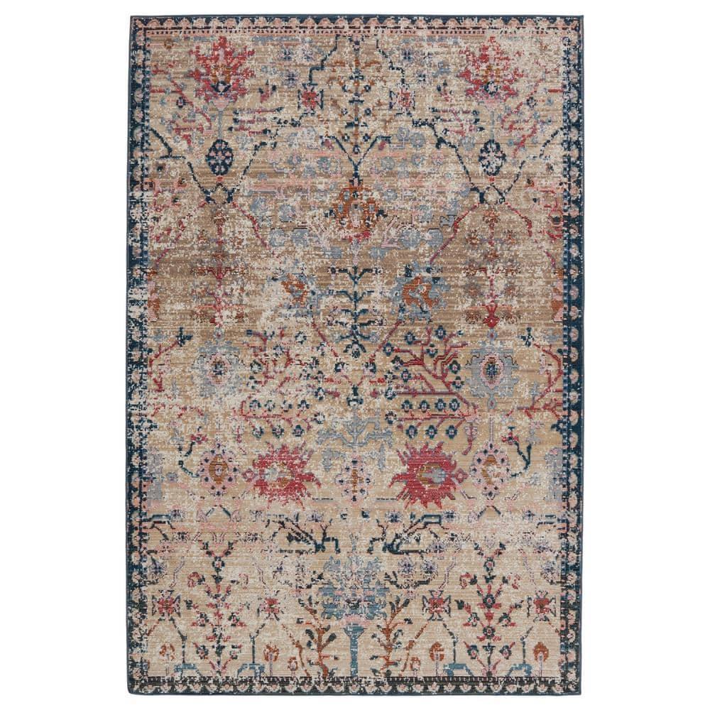 5'x7'3" Elva Indoor/Outdoor Oriental Area Rug Tan/Blue - Jaipur Living: Traditional Floral, Medium Pile, Weather-Resistant