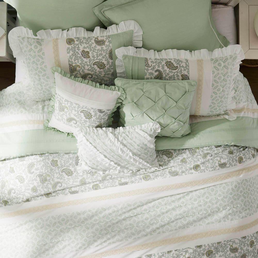 Sage Green Cotton King Reversible Comforter Set with Decorative Pillows