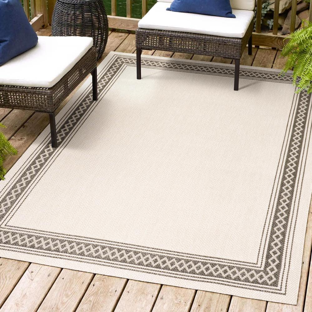 5' x 8' Lucia Classic Diamond Border Indoor/Outdoor Area Rug, Cream/Black - JONATHAN Y