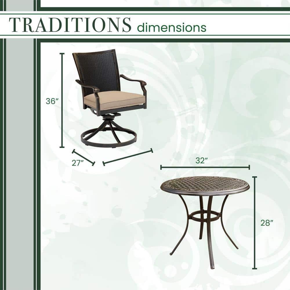 Hanover Traditions 3-Piece Outdoor Furniture Patio Bistro Set, 2 Cushioned Wicker Aluminum Swivel Rocker Chairs and 32" Round Cast Table, Natural Oat