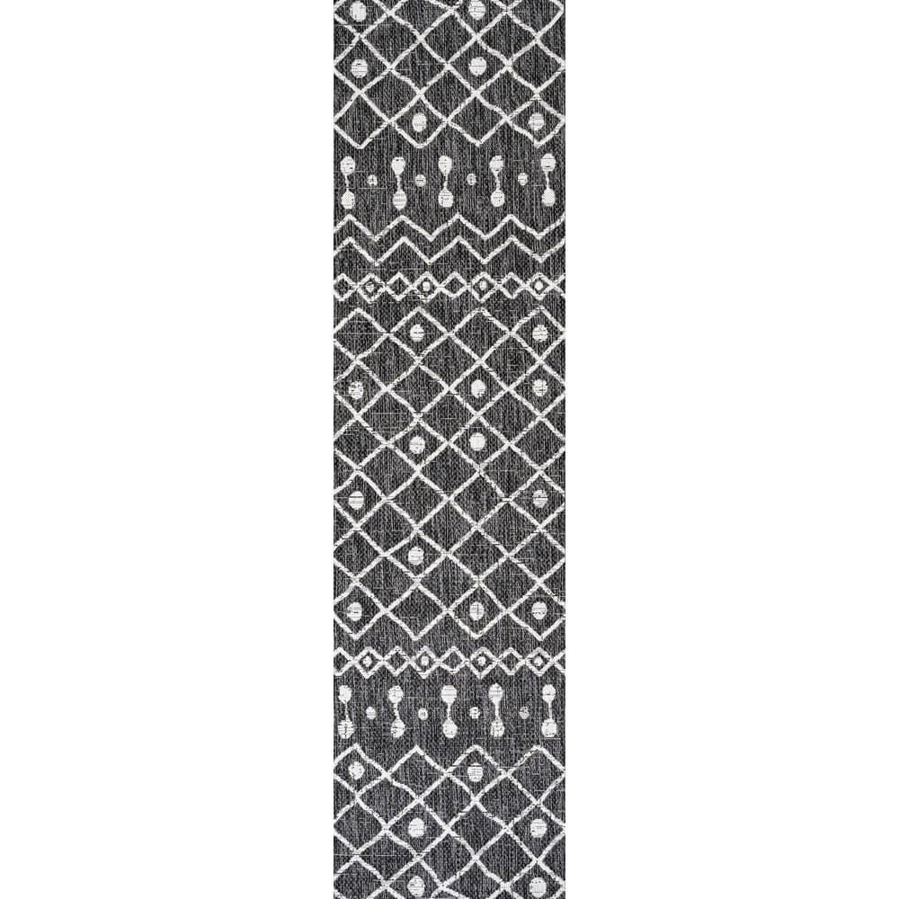 2'x10' Nokat Modern Bohemian Styled Indoor/Outdoor Runner Rug, Black/Ivory - JONATHAN Y