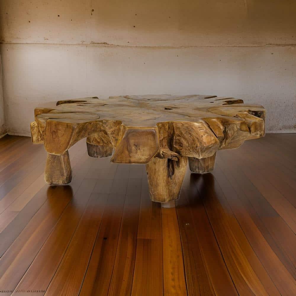 Benjara 47 Inch Coffee Table, Teak Root Frame, Natural Wood Grains, Classic Brown