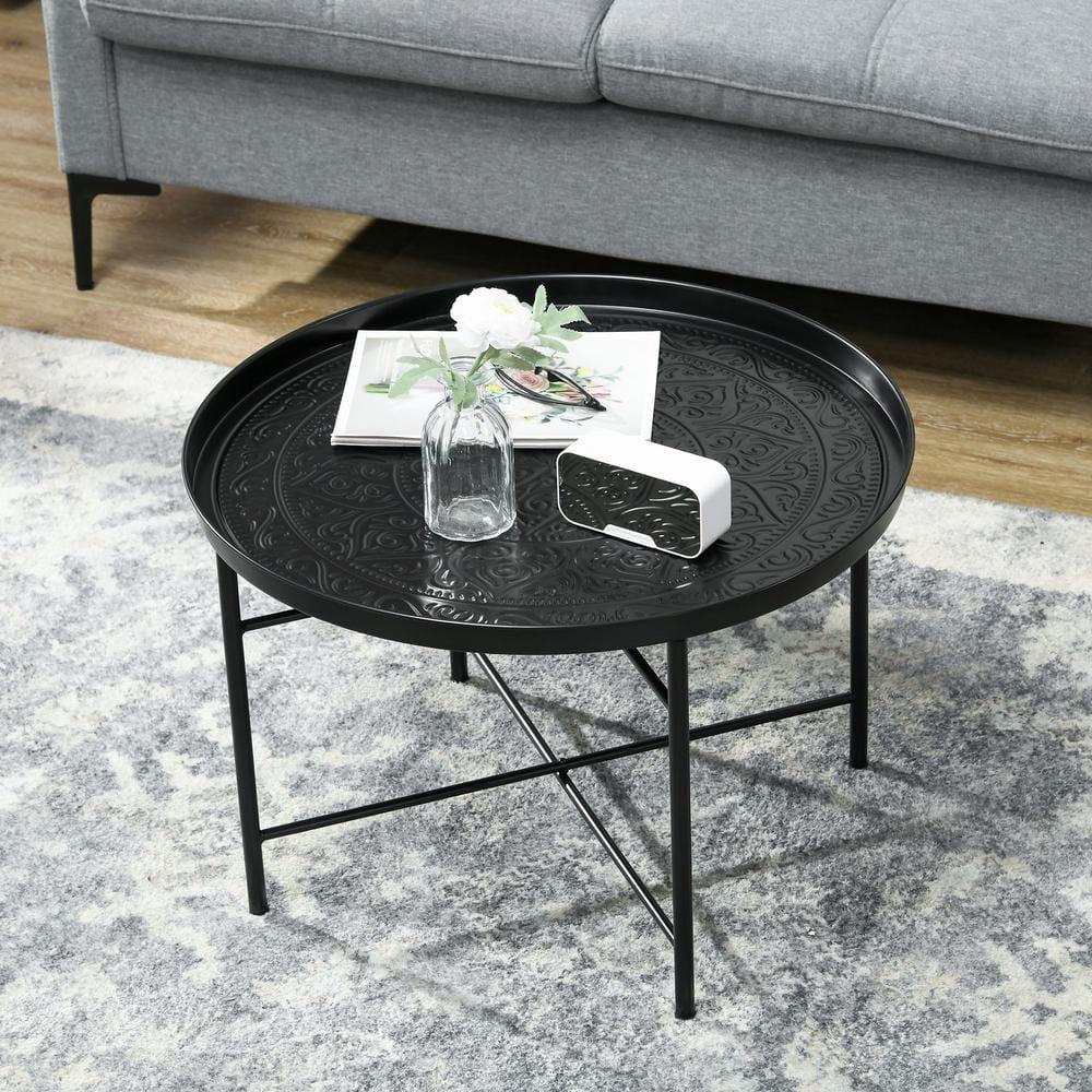 HOMCOM 24" Round Coffee Table with Hammered Tray Top, Vintage Metal Center Table for Living Room, Bedroom, Side Table, Black