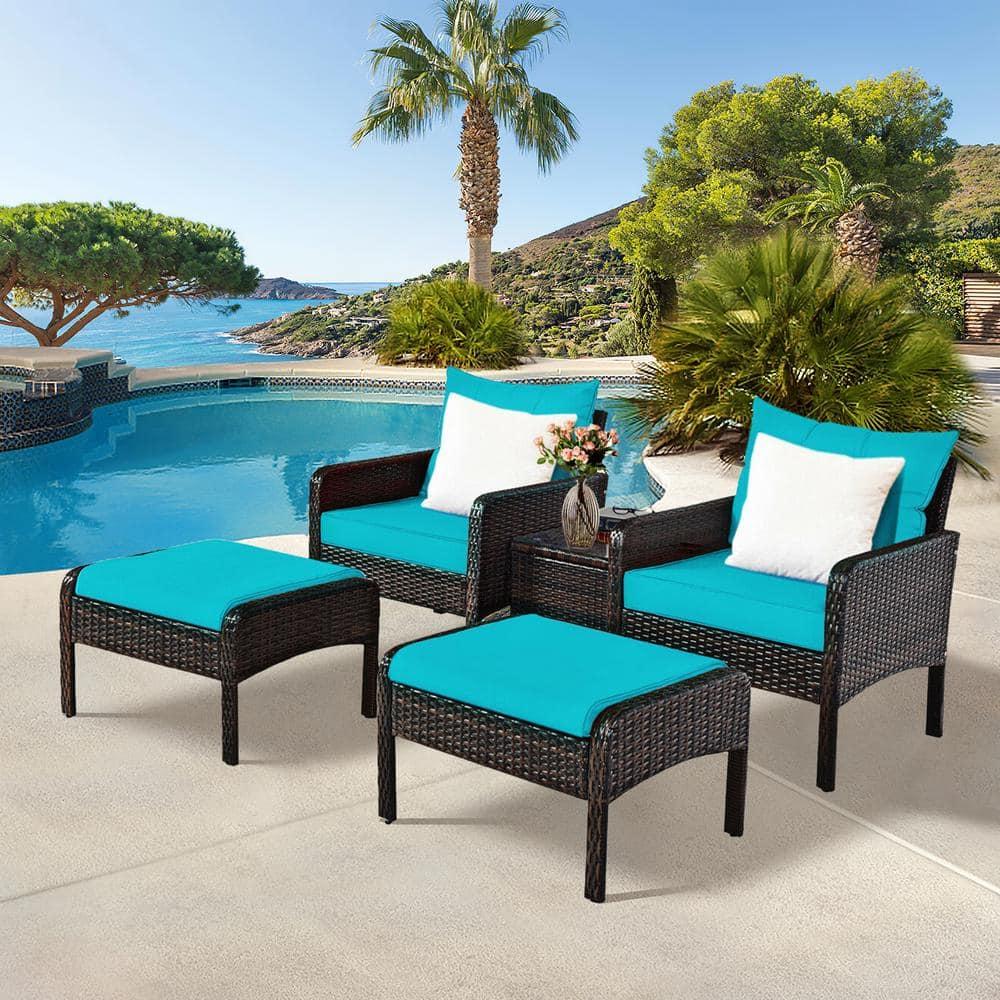 Spaco 5 Pieces Patio Rattan Sofa Ottoman Furniture Set with Cushions, Conversation Set with 2 Single Chairs, 2 Ottomans and A Side Table, Ottoman Furniture Set for Outdoor, Turquoise