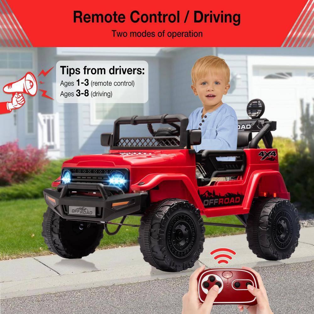 Ride On Truck Car 12V, Electric Vehicle w/Remote Control, 3 Speeds, LED Lights, Music, Spring Suspension, Ride on Car for Kids