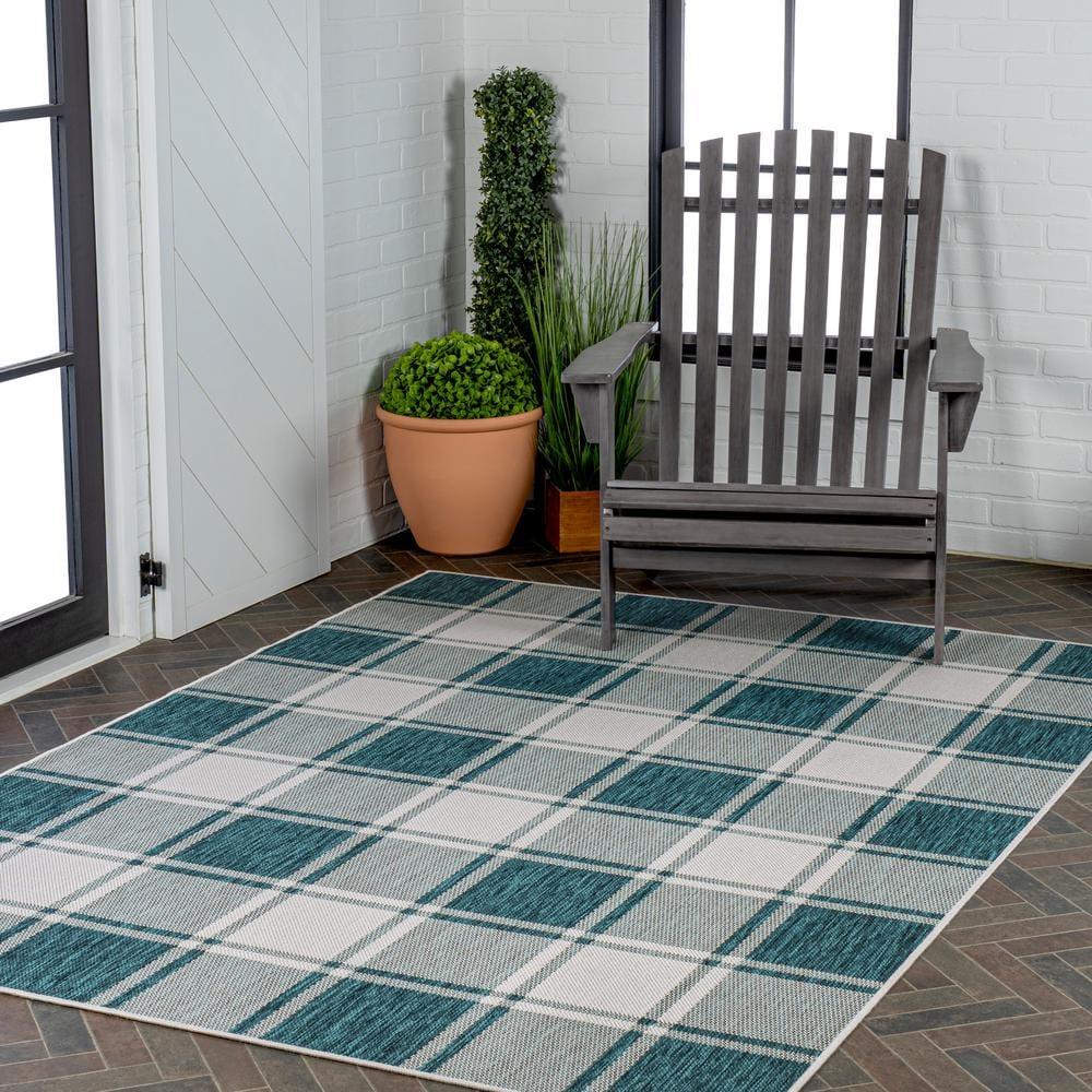 Sabine Traditional Farmhouse Bold Gingham Turquoise/Cream 8 ft. x 10 ft. Indoor/Outdoor Area Rug