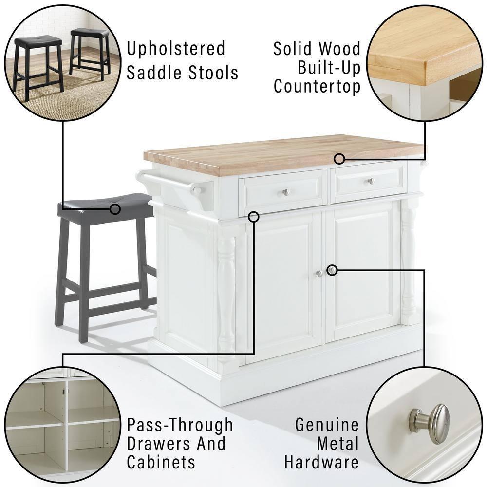 Crosley Furniture Oxford Wood Kitchen Island with Saddle Stools in White