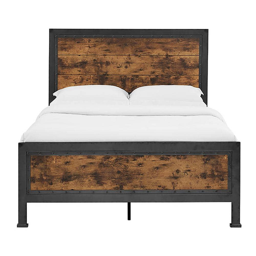 Walker Edison Queen Size Industrial Wood and Metal Bed - Brown