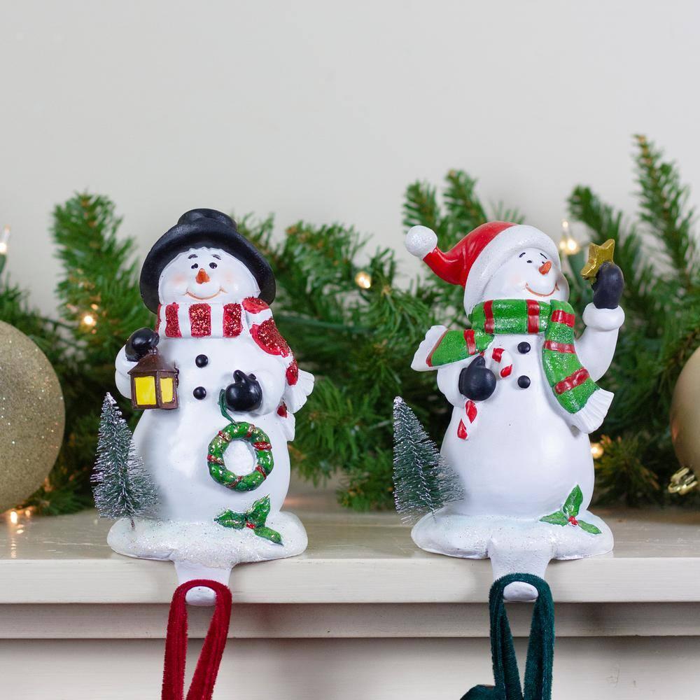 Set Of 2 Glitter Dusted Snowman Christmas Stocking Holders 7.25"