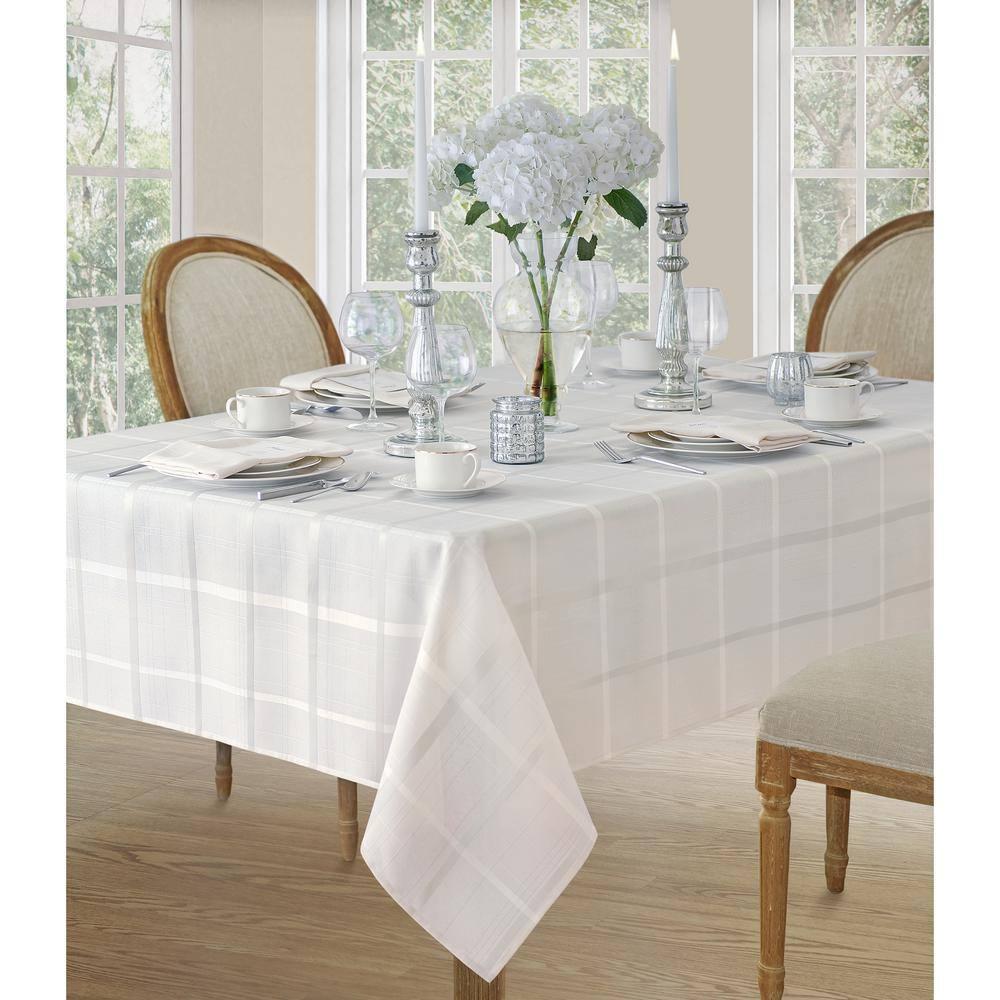 Elegance Plaid Stain & Water Resistant Tablecloth - 60" x 120" Rectangle - White - Elrene Home Fashions