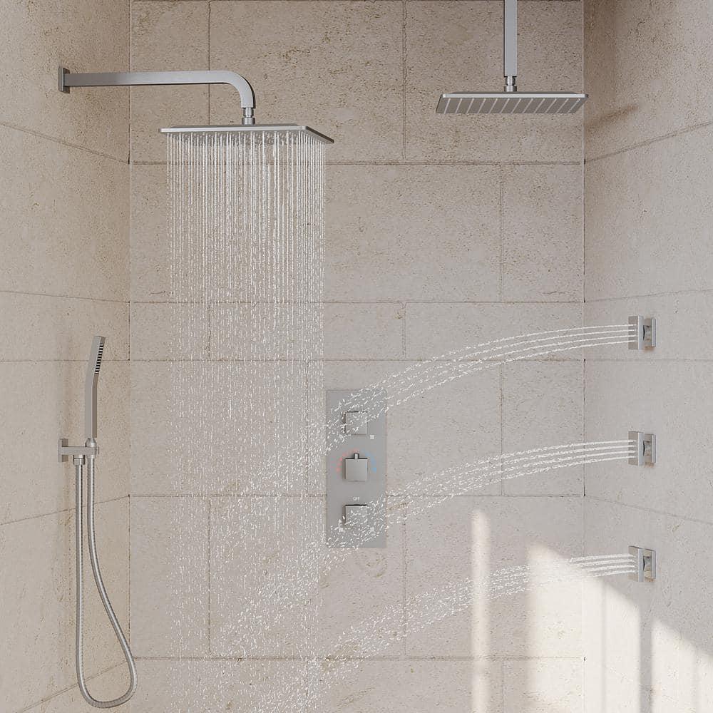 Thermostatic Dual Heads with 12" Rain Shower Faucet, Hand Shower and 3 Body Jets Matte Black