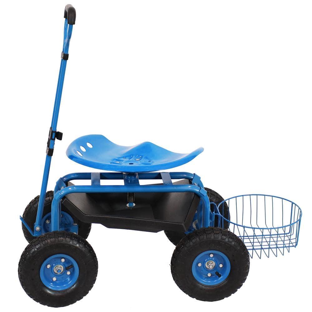 Sunnydaze Outdoor Heavy-Duty Steel Rolling Gardening Cart with Extendable Steer Handle, Swivel Chair, Tool Tray, and Basket - Blue