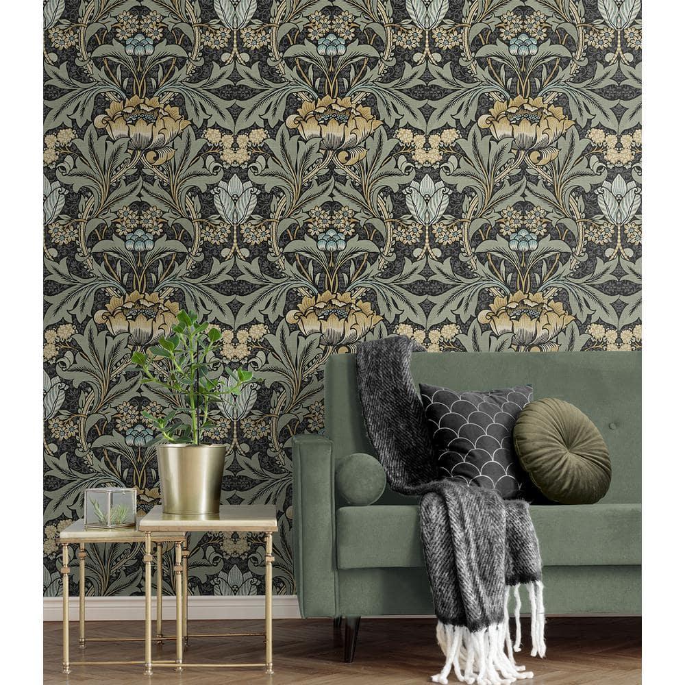 Seabrook Designs  Acanthus Floral Prepasted Wallpaper 20.5 in. W x 33 ft. L - Charcoal & Goldenrod