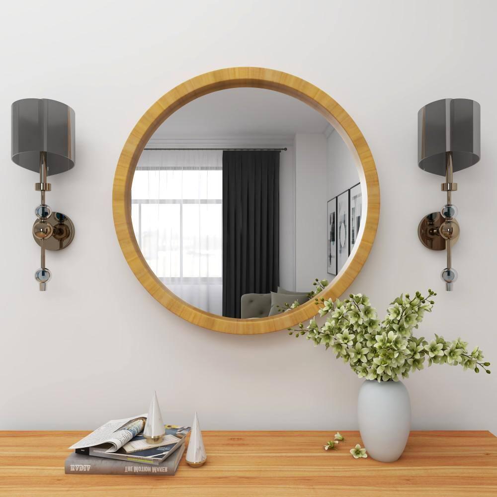 DecMode 32" x 32" Brown Minimalistic Wall Mirror with Natural Wood Grains