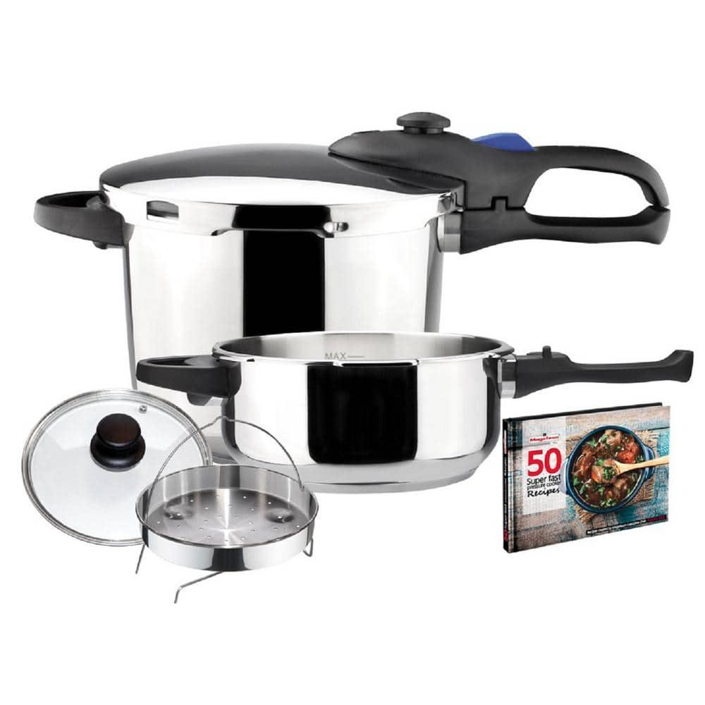 MAGEFESA Favorit Six Fast-Cooking Pressure Cooker Set, 3.2 Qt & 6.3 Qt, Stainless Steel, Induction Compatible, Heat Diffuser Base, 5 Safety Systems – Special Edition (Steam Basket, Lid & Recipe Book)