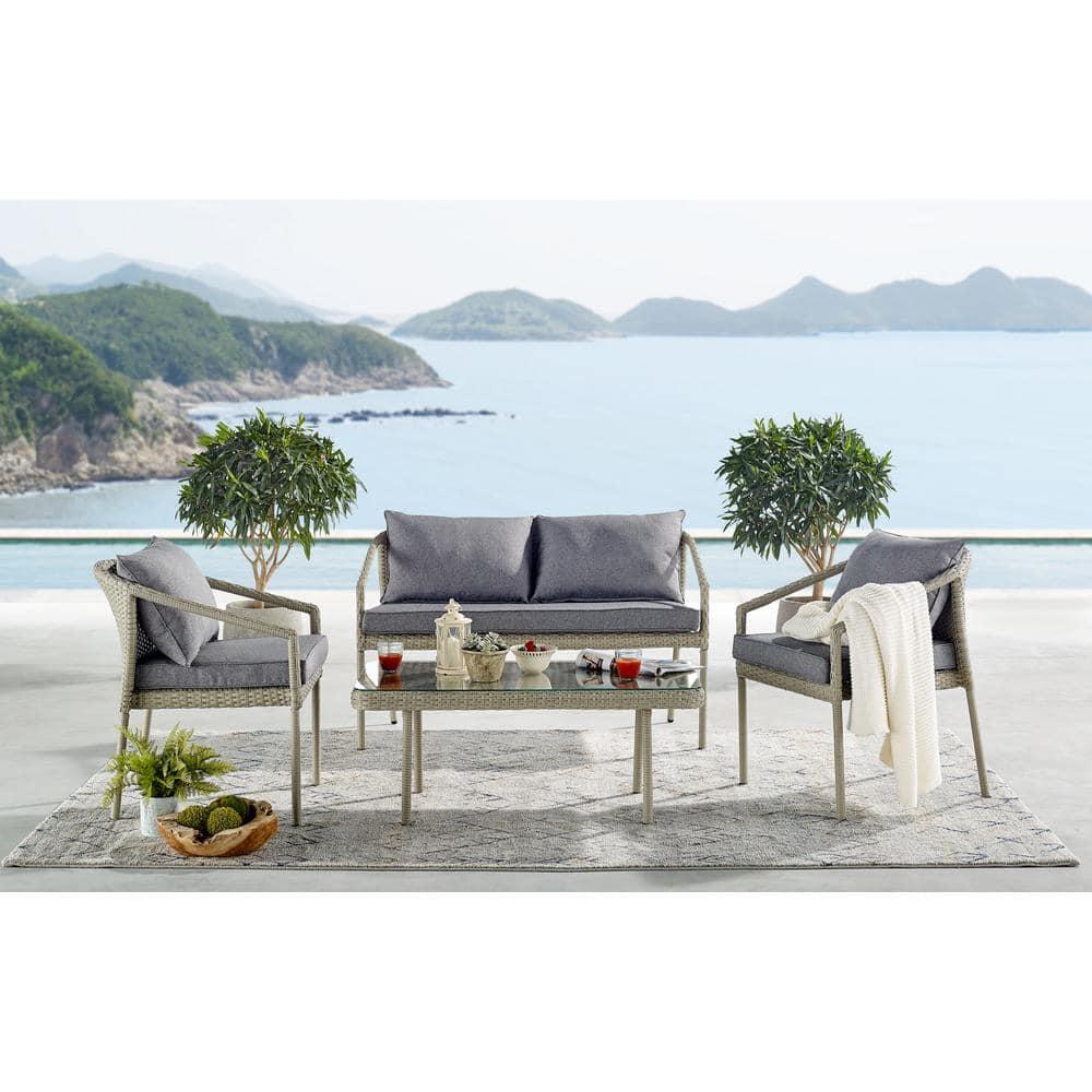 Windham All-Weather Wicker Two-Seat Outdoor Light Gray Bench with Dark Gray Cushions