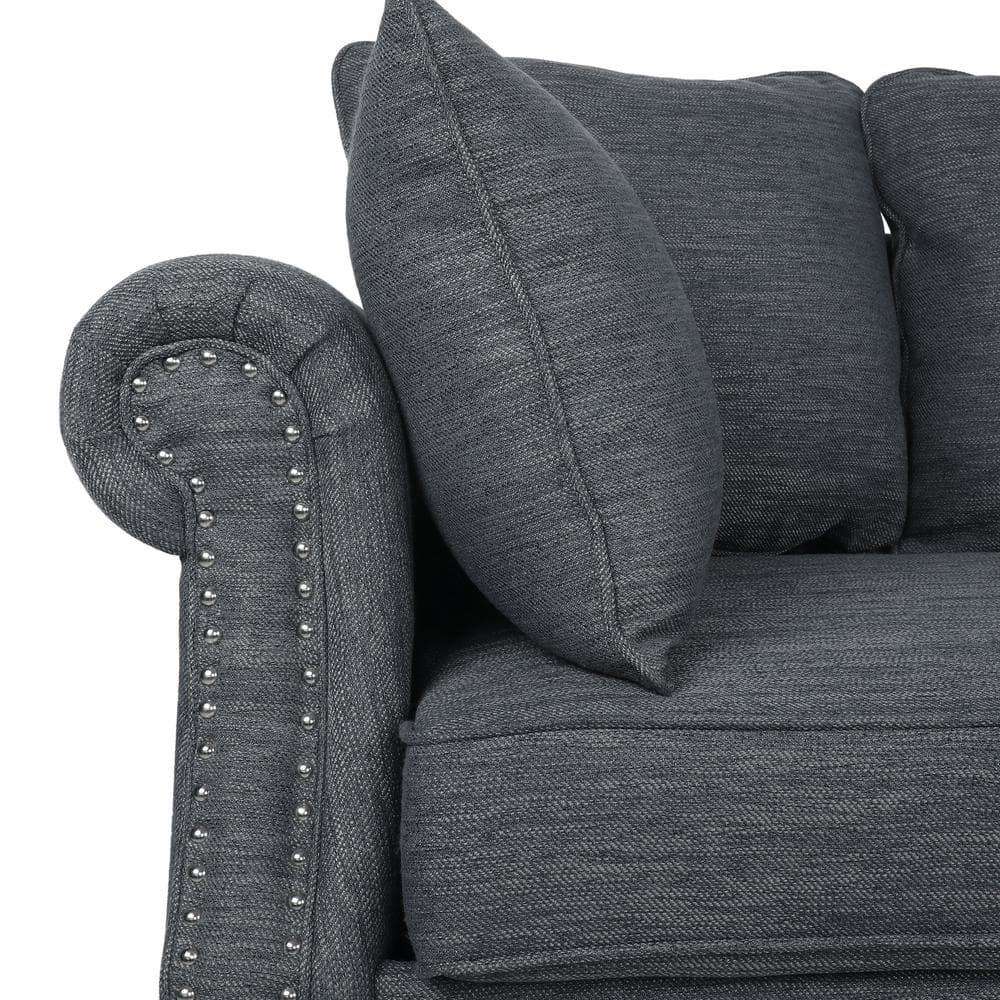 Noble House Viewland Fabric Pillowback 3 Seater Sofa with Nailhead Trim, Charcoal and Dark Brown