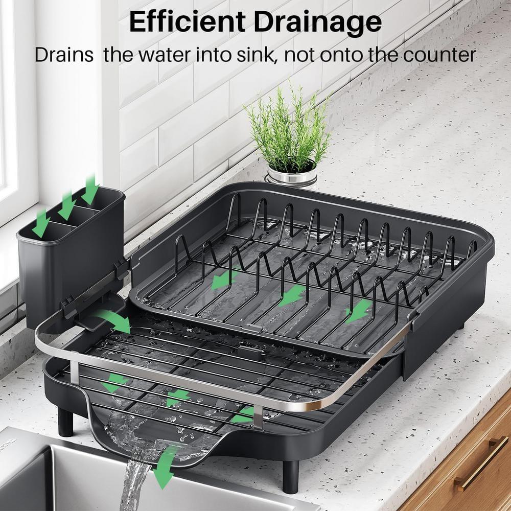 Fabhob Expandable Dish Rack for Kitchen Counter, Stainless Steel Dish Drainer with Drainboard Set and Utensil Holder
