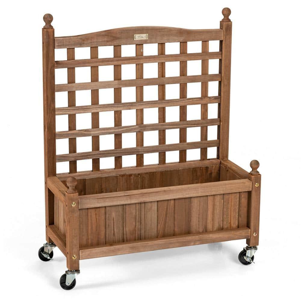 Tangkula 32in Wood Planter Box with Trellis and Wheels Mobile Plant Raised Bed for Indoor&Outdoor