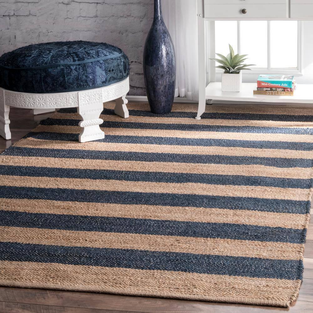 Nuloom Alisia Striped 5x8 Jute Indoor Area Rug for Dining Room Rug Neutral Rug Living Room Rug Kitchen, Denim/Tan