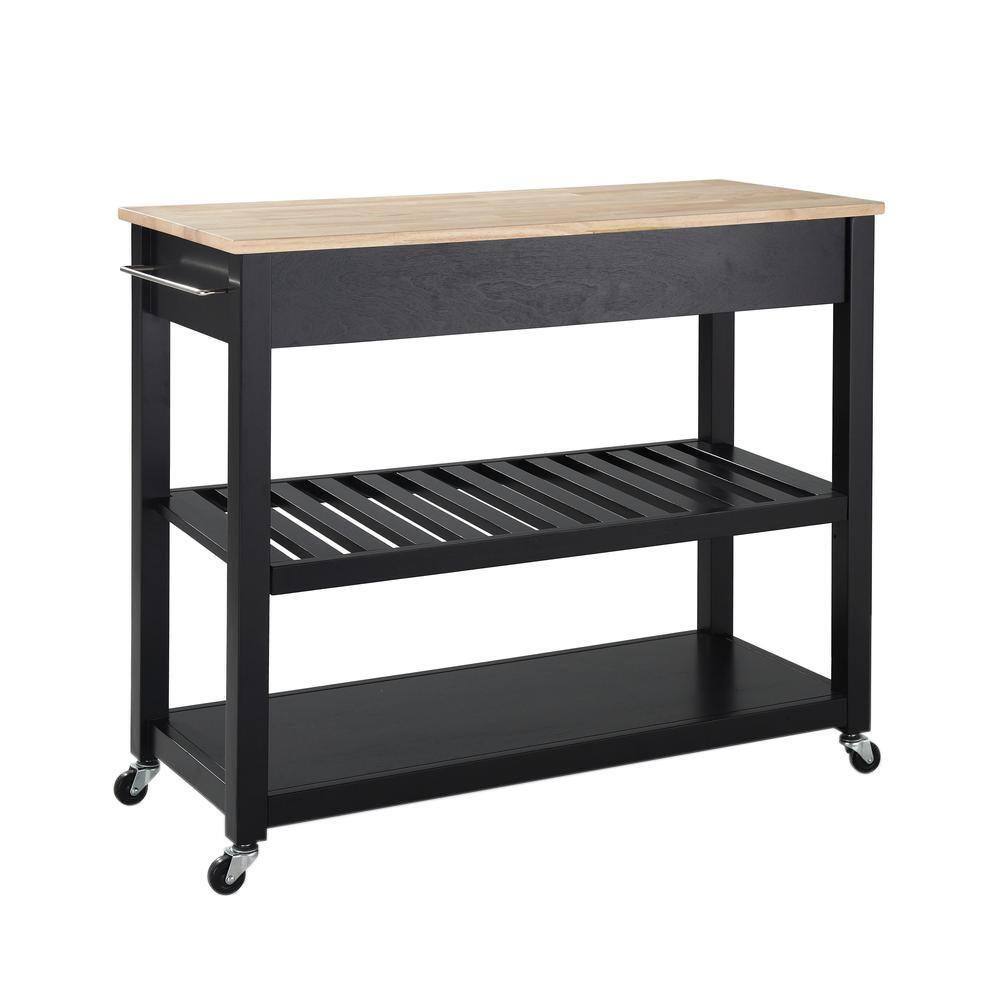 Natural Wood Top Kitchen Cart/Island with Optional Stool Storage - Black - Crosley: Solid Hardwood, Adjustable Shelf, Wheeled