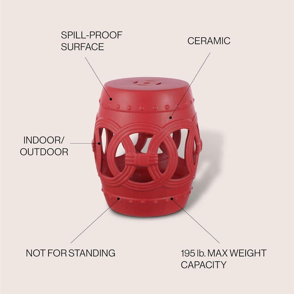 JONATHAN Y Lucky Coins 16" Chinese Ceramic Drum Garden Stool, Matte Red