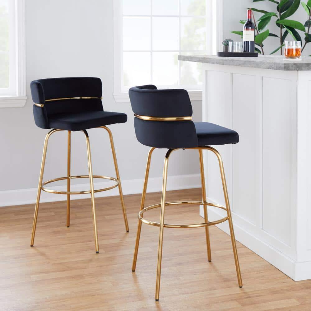 LumiSource Set of 2 Cinch-Claire Barstools Gold/Black: Velvet Upholstery, Swivel Function, Metal Legs