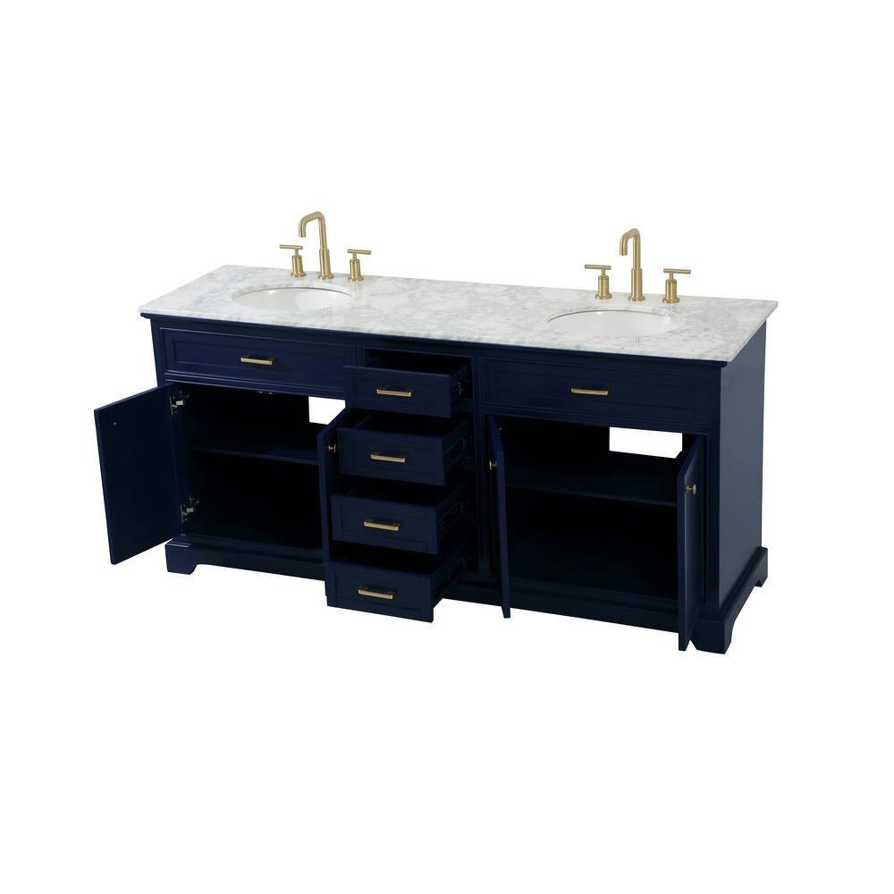 Elegant Decor Americana 72" Metal MDF Marble Double Bathroom Vanity in Blue