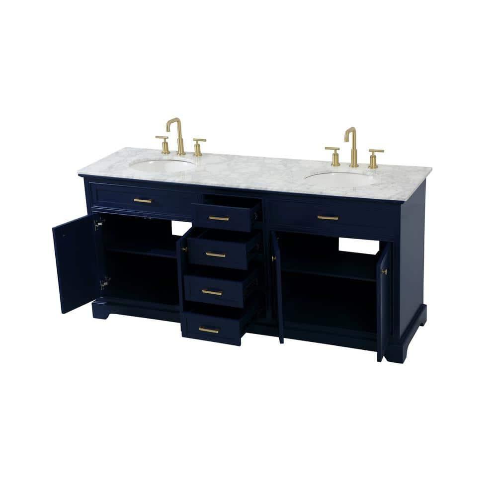 Elegant Decor Americana 72" Metal MDF Marble Double Bathroom Vanity in Blue