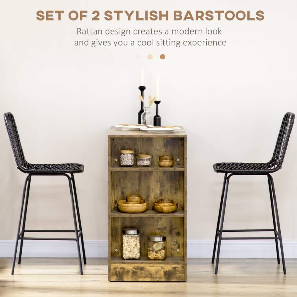 HOMCOM Modern Rattan Bar Stools Set of 2, Breathable Steel-Base Wicker Counter Height Barstools for Kitchen Counter, Black