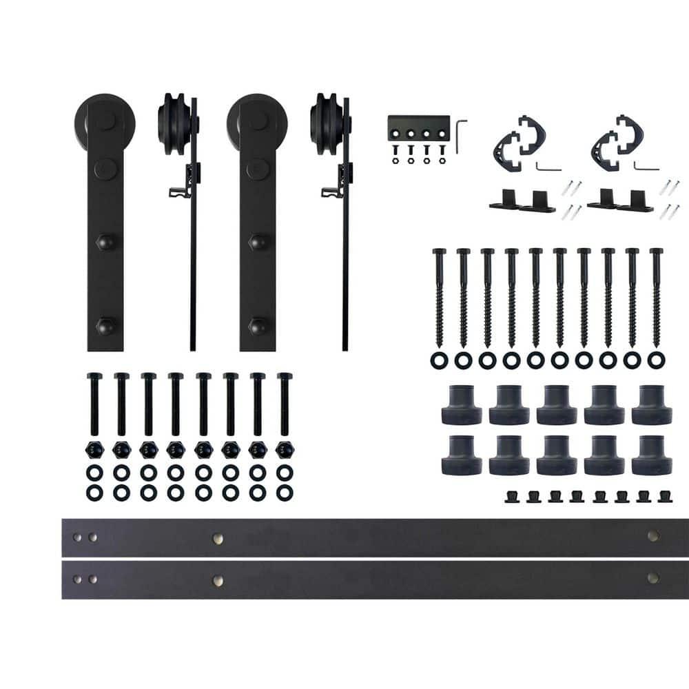 Homacer Black Rustic Sliding Barn Door Hardware Kit, for Two/Double Doors, 14ft Long Flat Track, Straight Design Roller, Heavy Duty, for Interior & Exterior Use