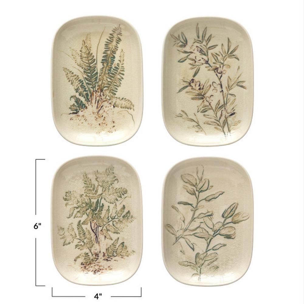 Creative Co-Op Debossed Stoneware Dish, Cream and Green Reactive Glaze, Set of 4 Styles