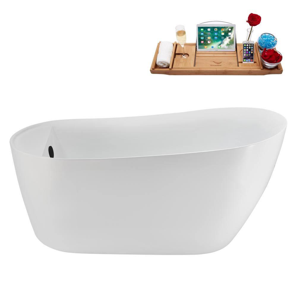 Streamline Bath 59" Streamline Freestanding Soaking Acrylic Bathtub With Drain and Bamboo Tray N2080BL