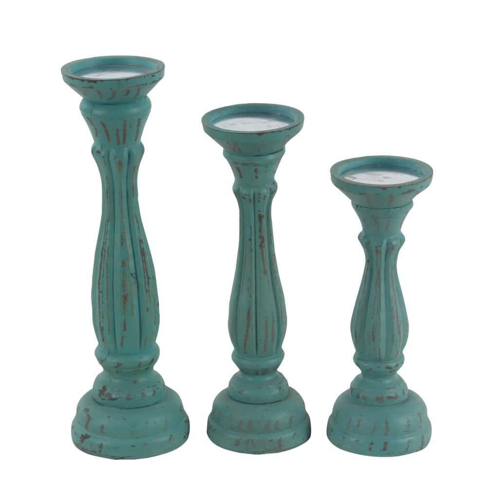 DecMode 3 Candle Blue Wooden Distressed Turned Pillar Candle Holder, Set of 3