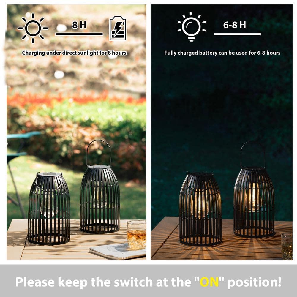 9.75" Black Metal Solar Powered Outdoor Hanging Lantern Set