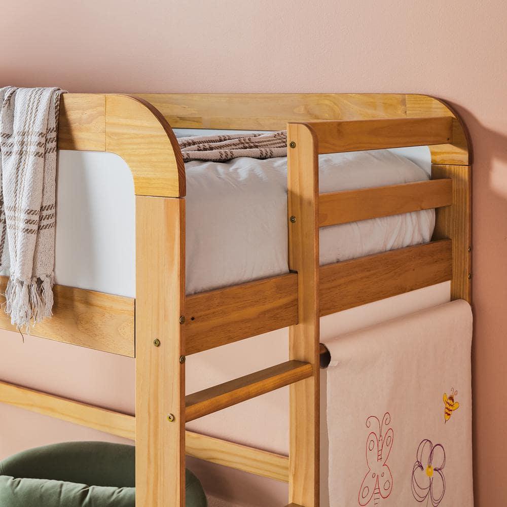 Walker Edison Contemporary Twin Loft Wooden Bed with Ladder, Natural Pine