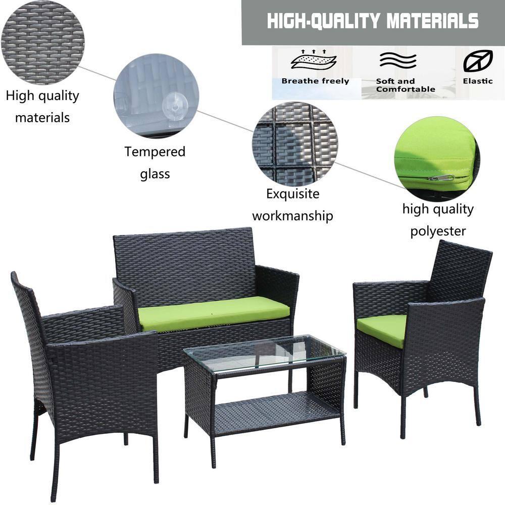 Seizeen Outdoor Patio Conversation Set, 4 Pieces Rattan Patio Set with Cushion, Patio Deck Yard Furniture Sofa Set, New Outdoor Coffee Table & Chairs, Green Cushion and Black Rattan