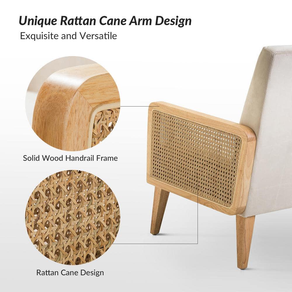Midcentury Accent Chair Set of 2 Rattan Armrests Fabric Upholstered Wooden Reading Armchair Living Bedroom Beige