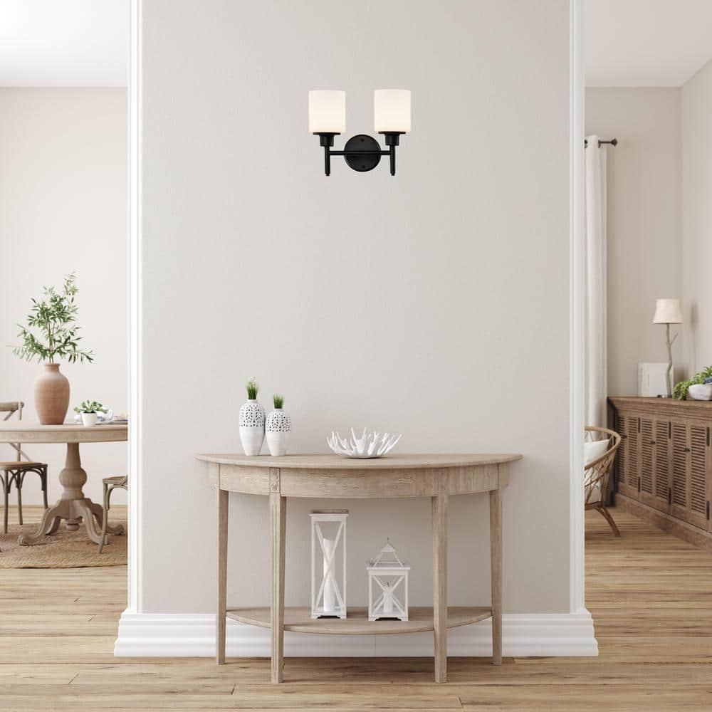Design House 556191-BLK Aubrey Transitional 2-Light Indoor Wall Light Dimmable White Frosted Glass Shades for Hallway Foyer Bathroom, Matte Black