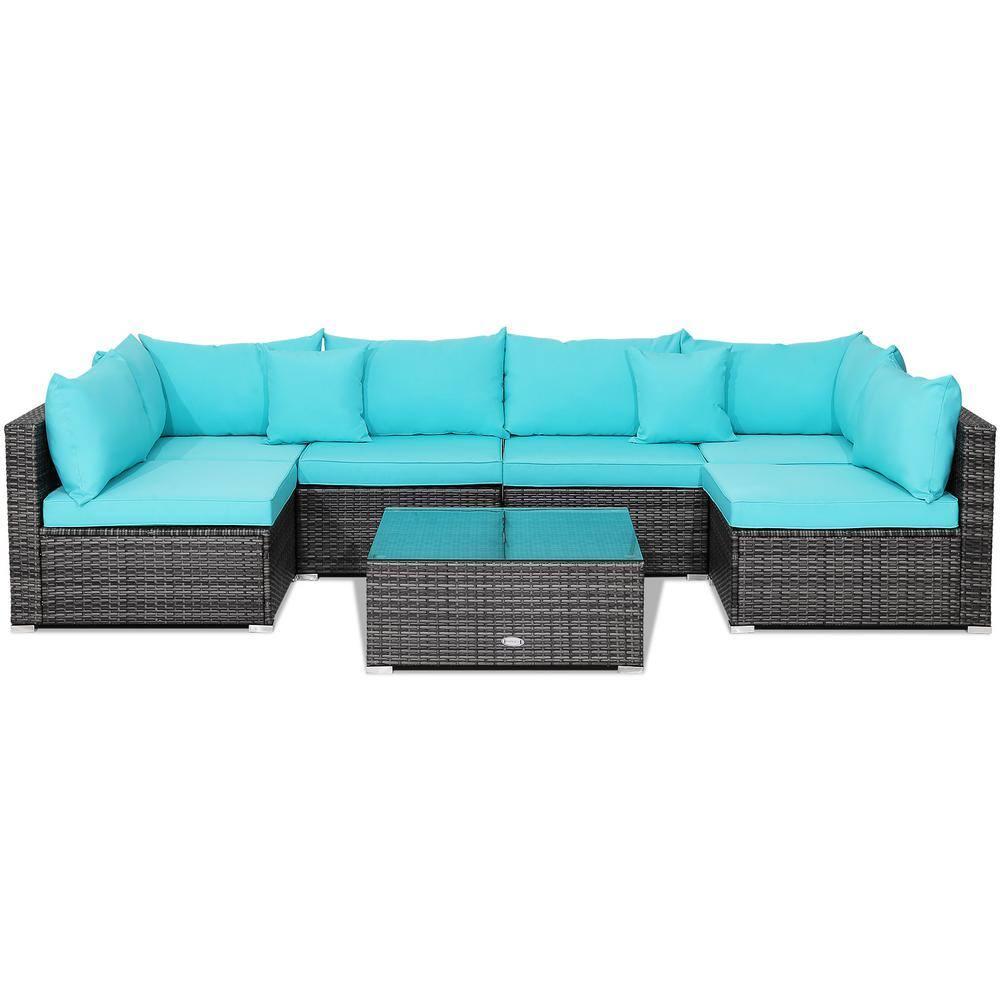Costway 7PCS Patio Rattan Furniture Set Sectional Sofa Cushioned Turquoise