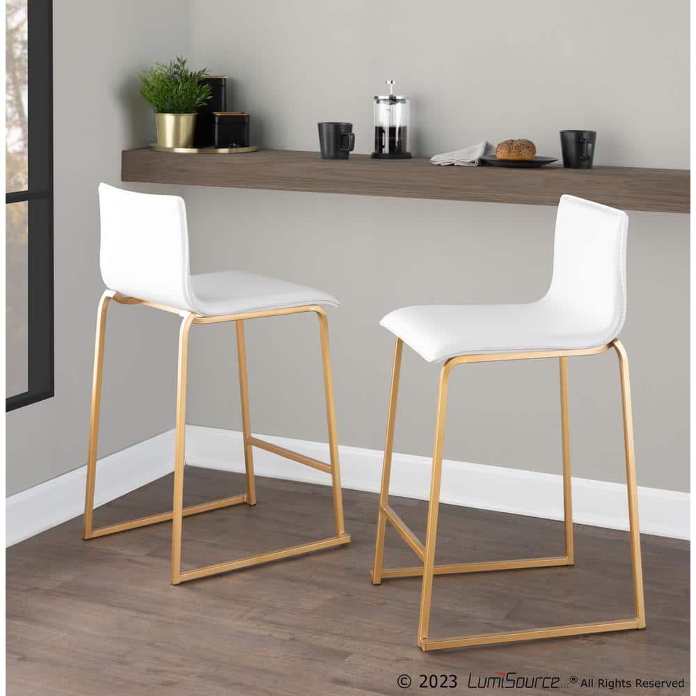 Set of 2 26" Mara Contemporary Counter Height Barstools Gold/White: Faux Leather, Steel Base - LumiSource
