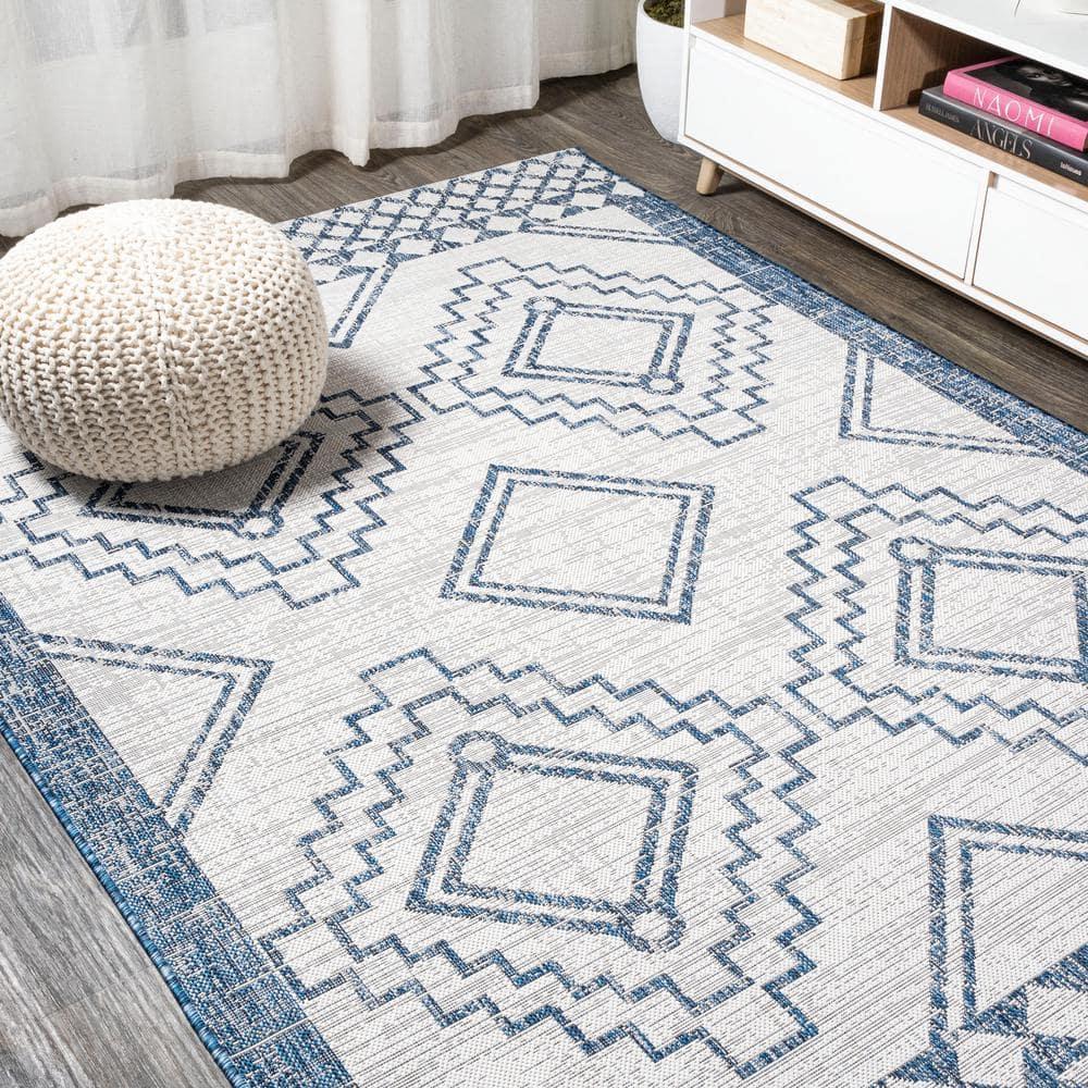 3'x5' Marokko Diamond  Medallion Indoor/Outdoor Area Rug, Ivory/Blue - JONATHAN Y