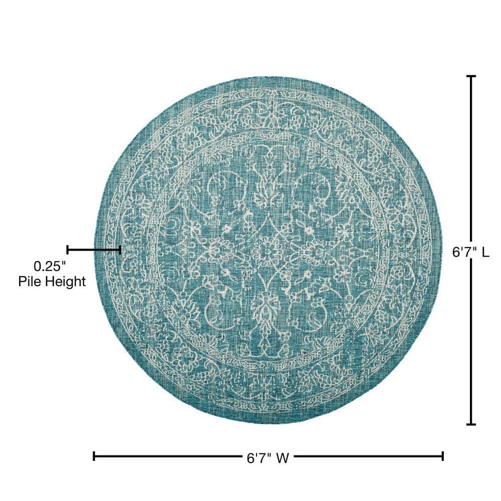 SAFAVIEH Courtyard Darin Botanical Indoor/Outdoor Area Rug, Turquoise, 6'7" x 6'7" Round