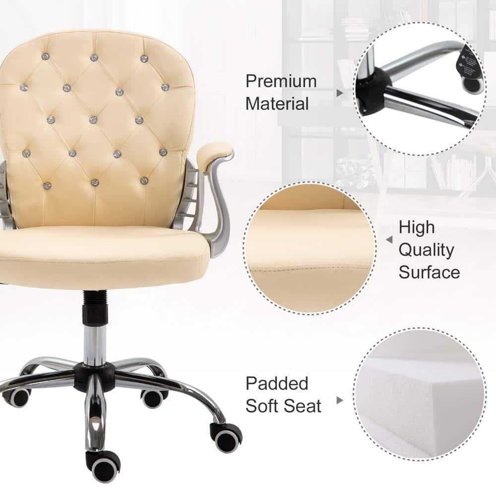 Vinsetto Vanity PU Leather Mid Back Office Chair Swivel Tufted Backrest Task Chair with Padded Armrests, Adjustable Height, Rolling Wheels, Beige