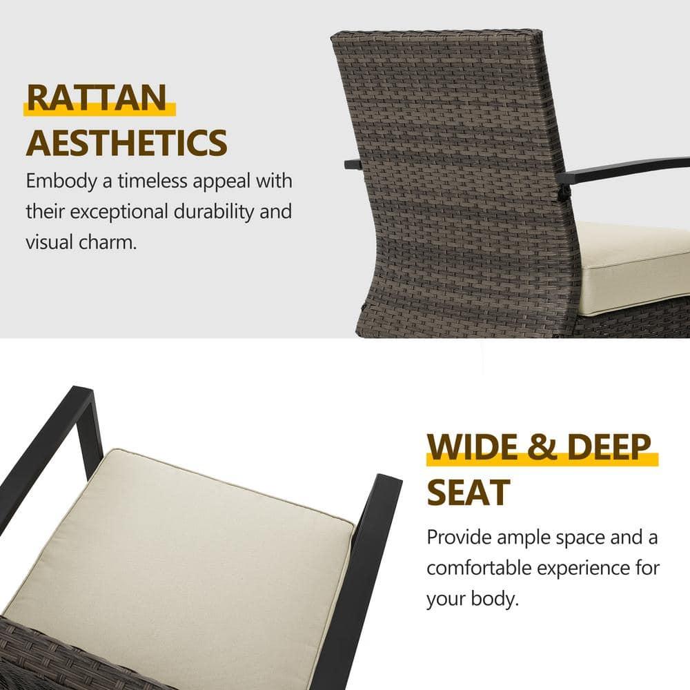 Beige Cushioned Black Metal Rattan Swivel Patio Dining Chairs (2-Pack)