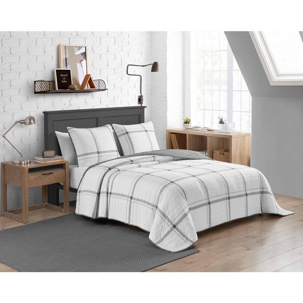 Heather Gray and White Cotton Full Quilt Set