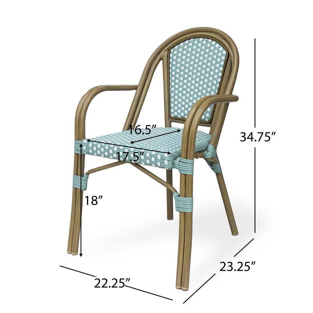 Cecil Aluminum and Wicker Outdoor French Bistro Chairs, Set of 2, Light Teal, White, and Wood Print
