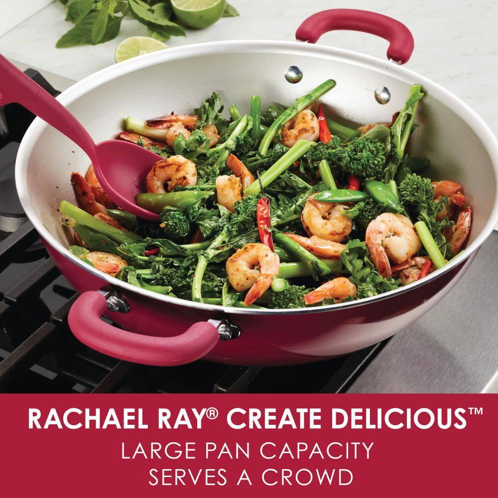 Rachael Ray Create Delicious 14.3" Aluminum Nonstick Wok Red: Dishwasher & Oven Safe, Silicone Handle, Induction Compatible